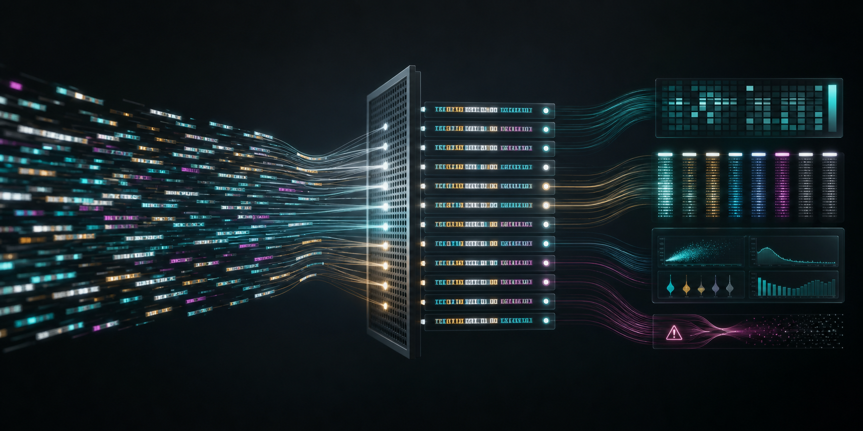 Cinematic DotMatch workflow: sequencing reads flow through a precise known-target matching gate into count matrices, demultiplexed barcode lanes, QC panels, and visible ambiguity diagnostics.